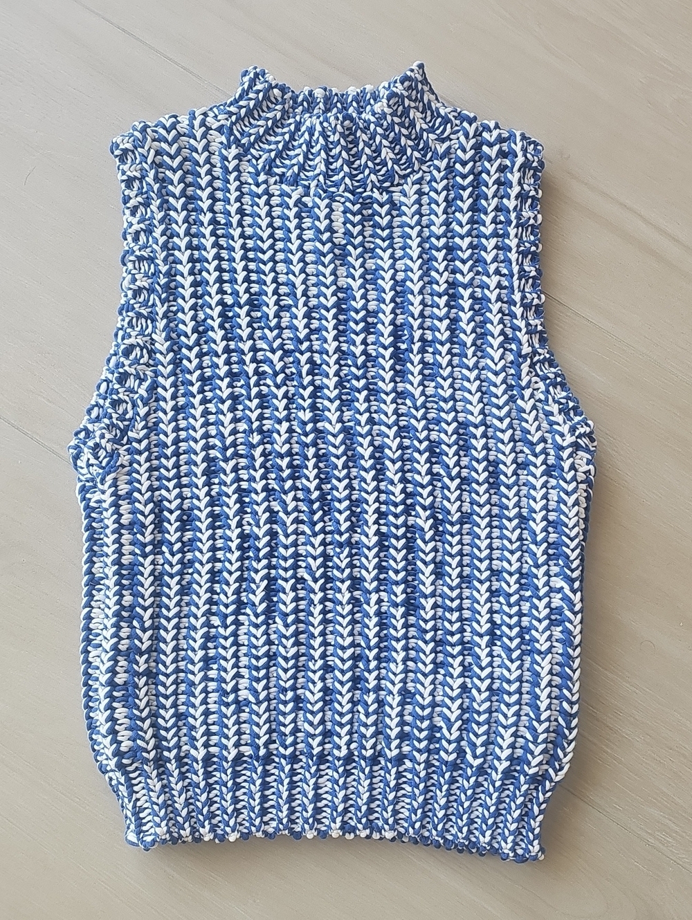 Blue and White Knit Sleeveless Mock Neck Top